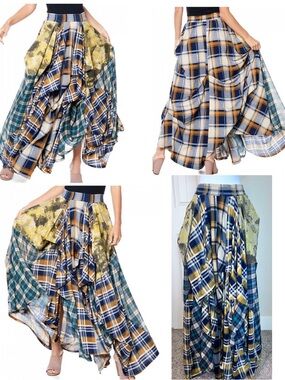TOV Noir The Damsel's Yellow Plaid Flowing Maxi Skirt Pockets!! Sz EU42 US10